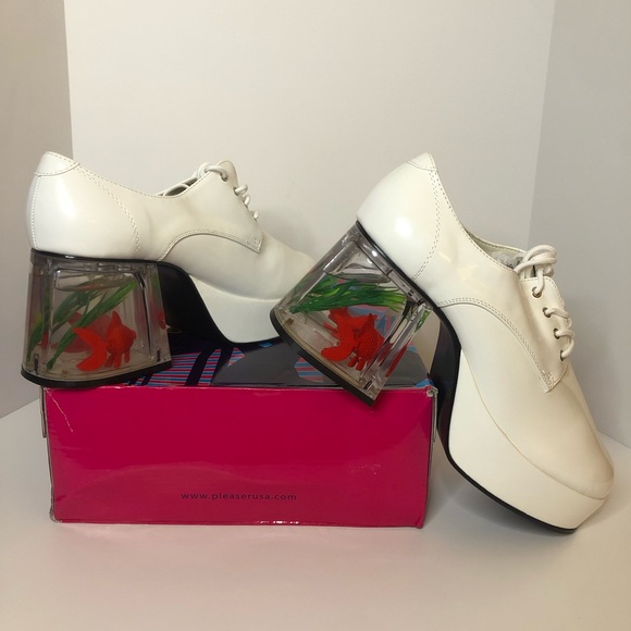 Pleaser - Funtasma Pimp-02 White Patent Platform Shoes with Aquarium Heel - Men - Picture 12 of 14